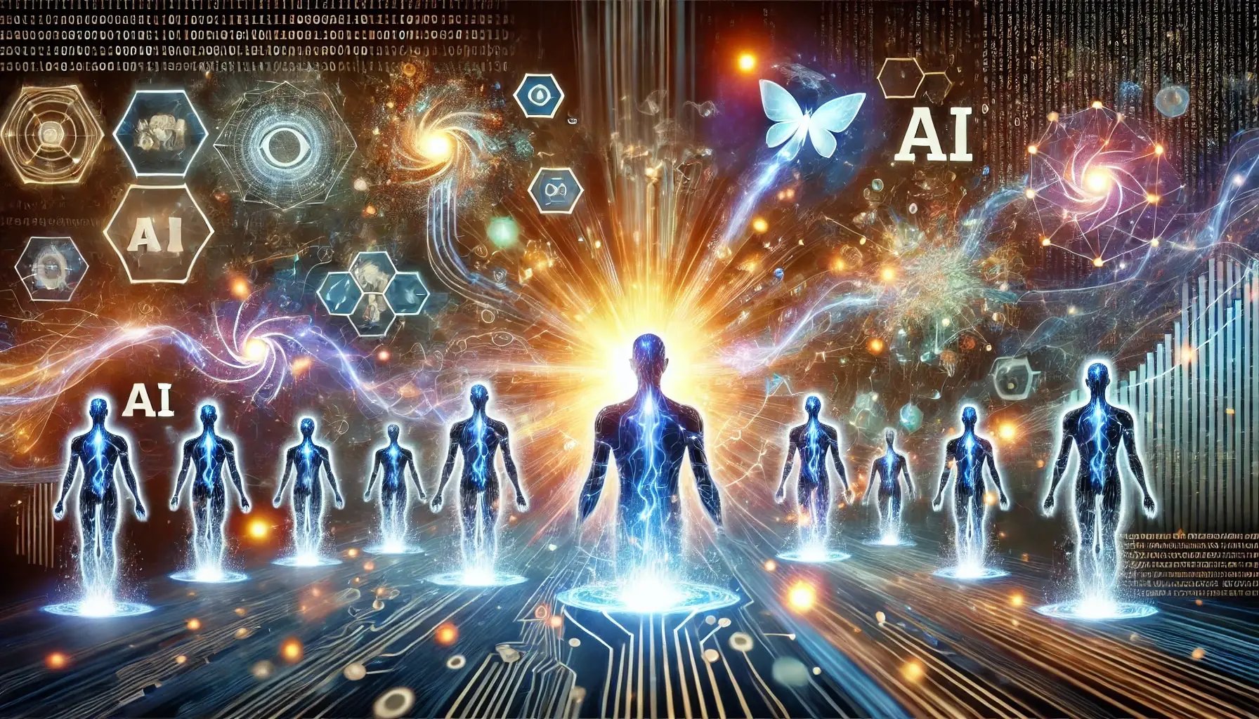 DALL·E 2024-06-26 16.17.41 - An allegorical image of AI supercharging B2B marketers. The supercharging is represented by beams of light against a somewhat dark digital landscape f